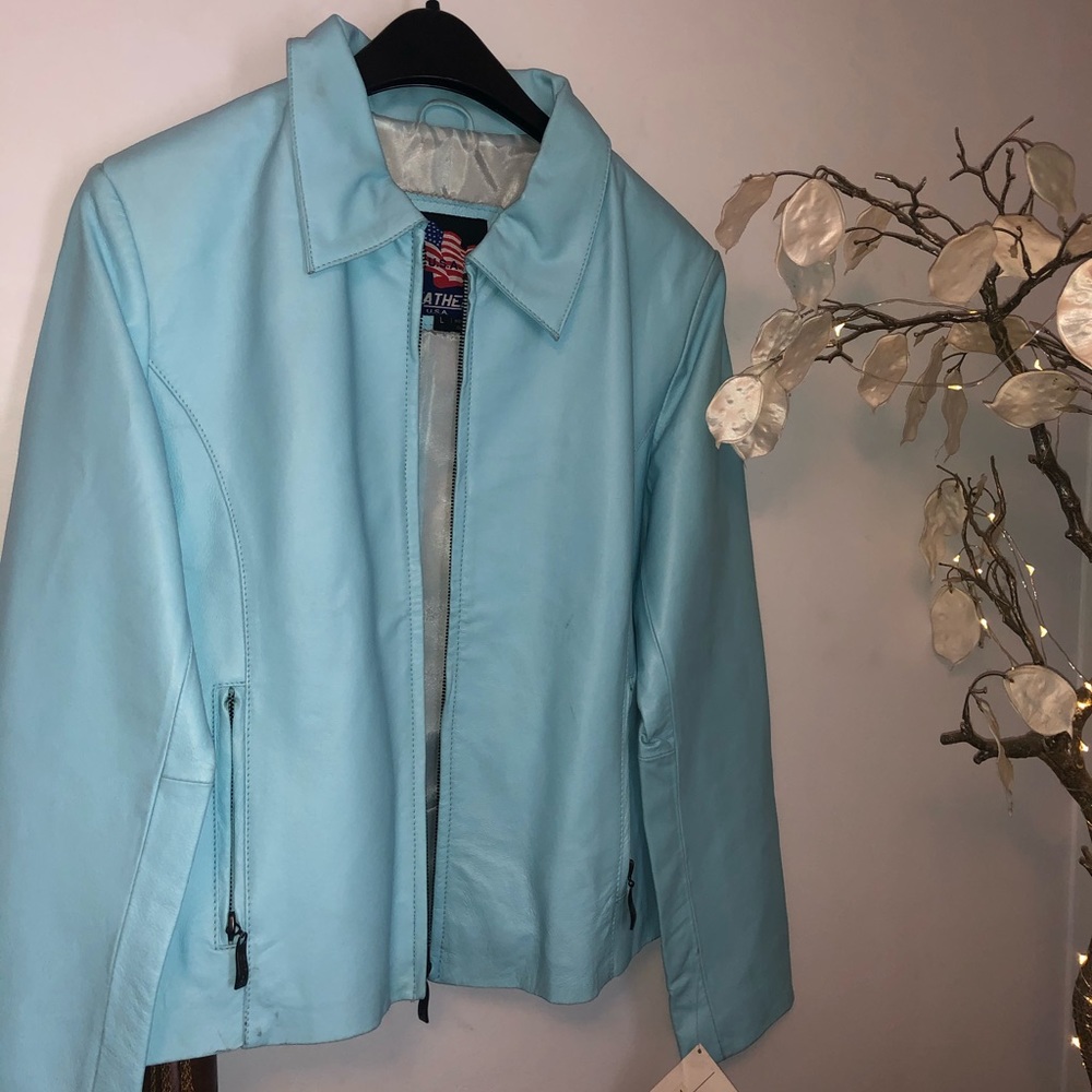 NWT LEATHER MOTO JACKET baby blue sz large